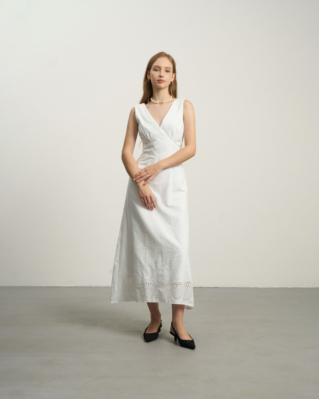 KHAUBYCQ - White Cotton Eyelet Maxi Dress - Elegant V-Neck Summer Dress