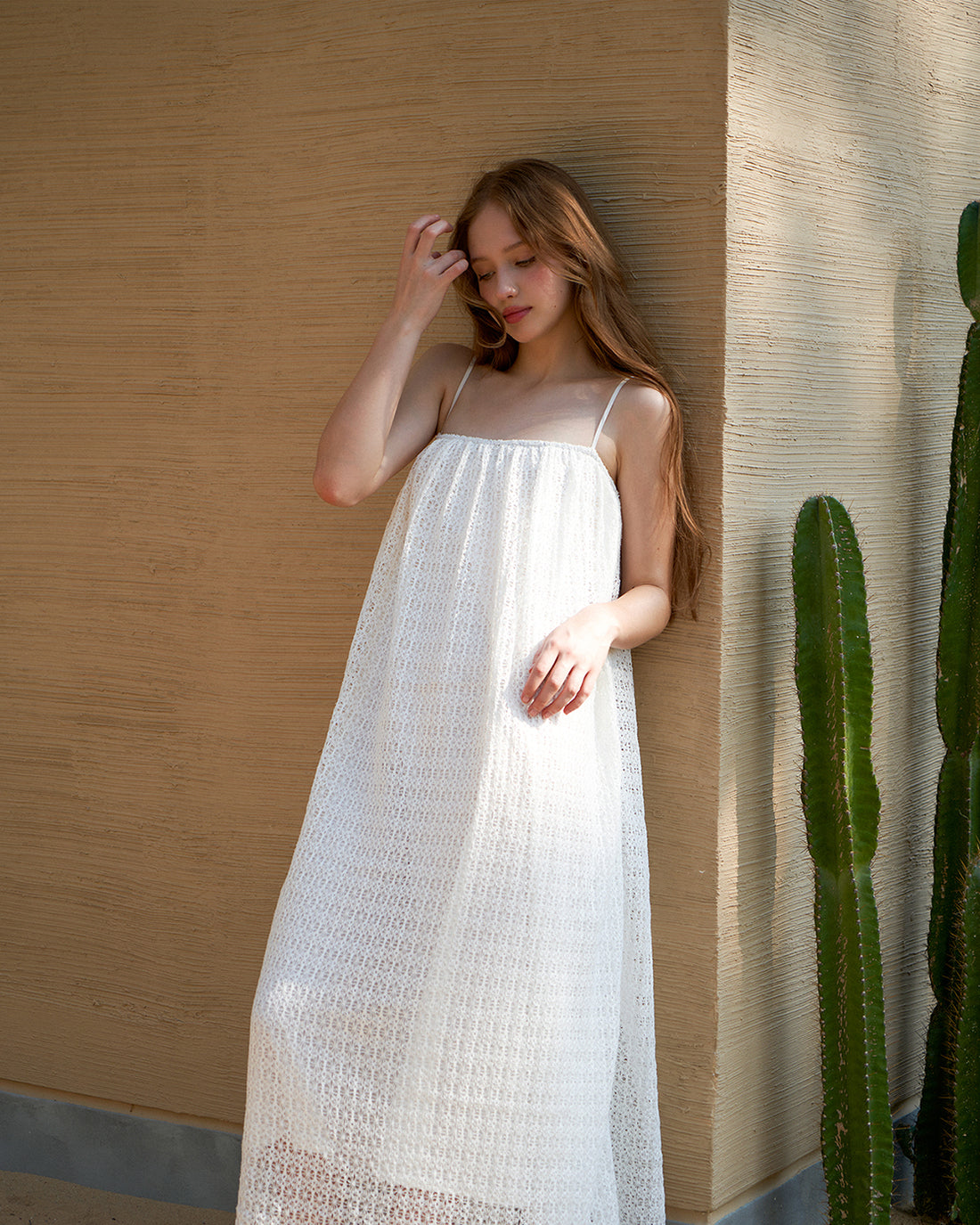 KHAUBYCQ - White Spaghetti Strap Textured Lace Maxi Dress