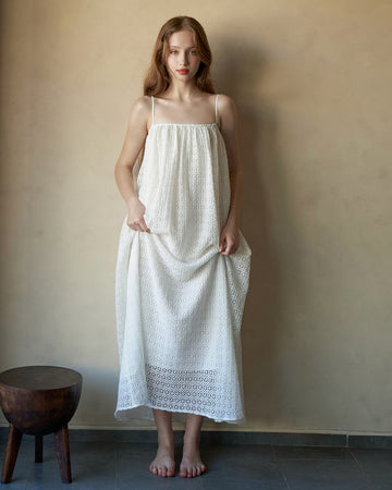 KHAUBYCQ - White Spaghetti Strap Textured Lace Maxi Dress