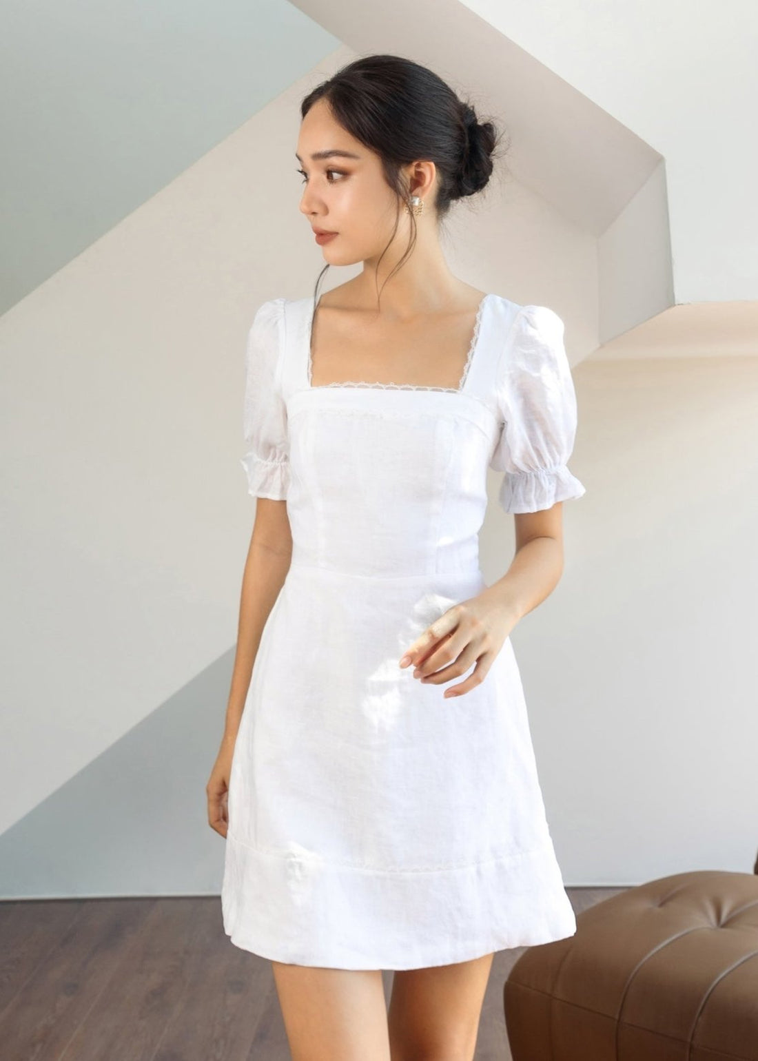 Fig & Tonka - White Square Neck Mini Dress - Puff Sleeve Linen Summer Dress