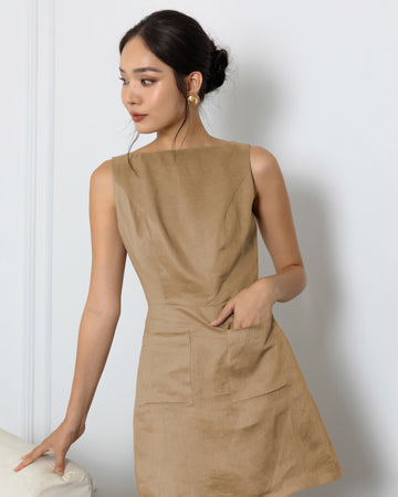 Fig & Tonka - Beige High Neck Mini Dress - Slim Fit Linen Work Dress