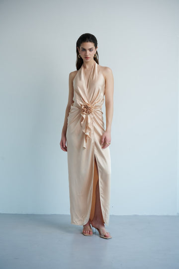 MACH NHA DUONG -  Elegant Champagne High-Neck Silk Party Dress with Cutout Back