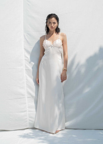 MACH NHA DUONG - Ocean Shell-Inspired White Silk Maxi Dress with Pearl Detailing