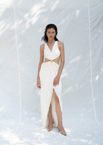 MACH NHA DUONG -  Luxe Cutout Cream Backless Maxi Dress with Gold Accent