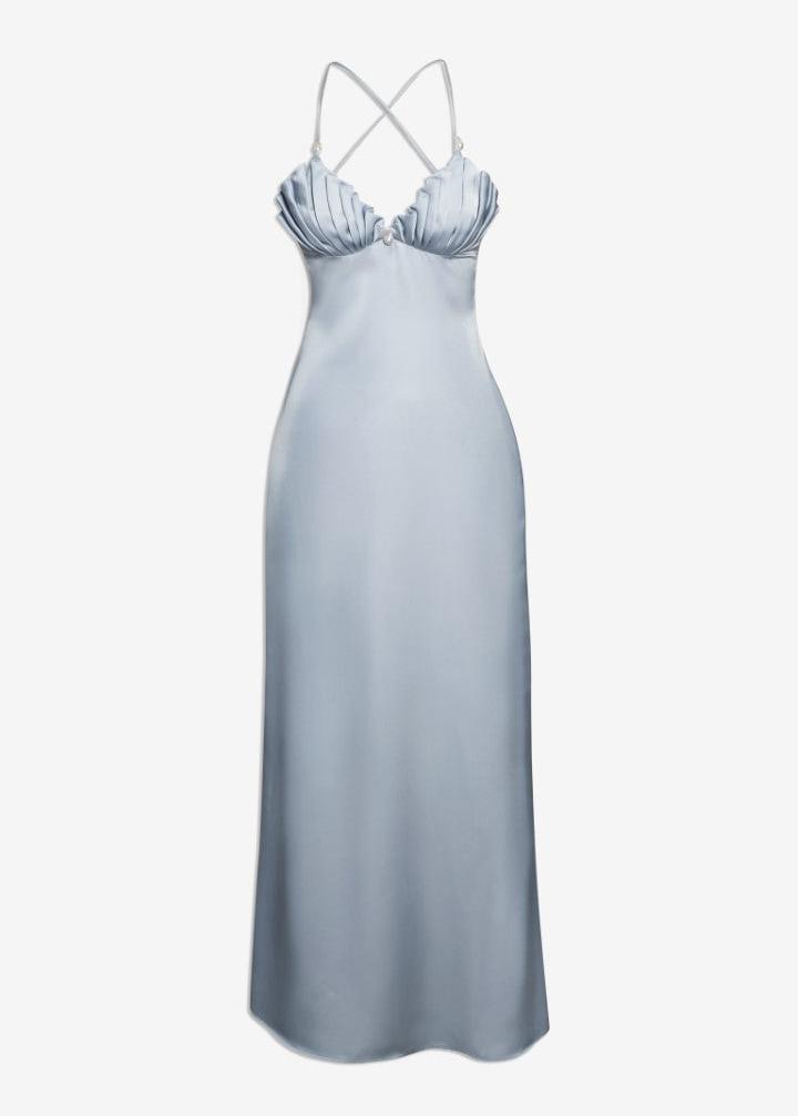 MACH NHA DUONG - Ocean Shell-Inspired Blue Silk Backless Maxi Dress with Pearl Detail