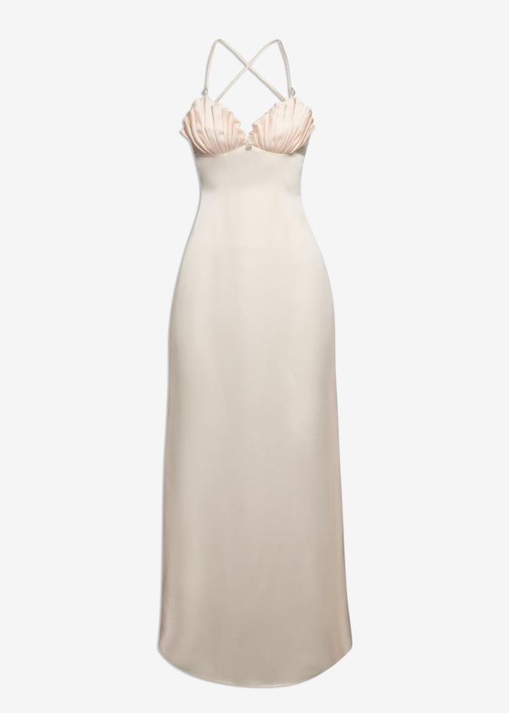 MACH NHA DUONG - Ocean Shell-Inspired White Silk Maxi Dress with Pearl Detailing