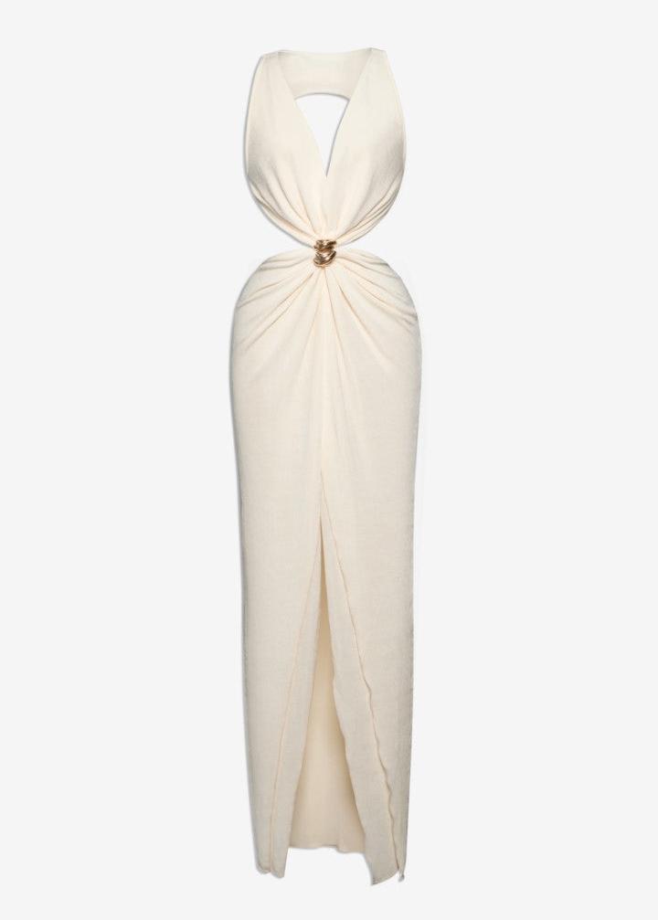 MACH NHA DUONG -  Luxe Cutout Cream Backless Maxi Dress with Gold Accent