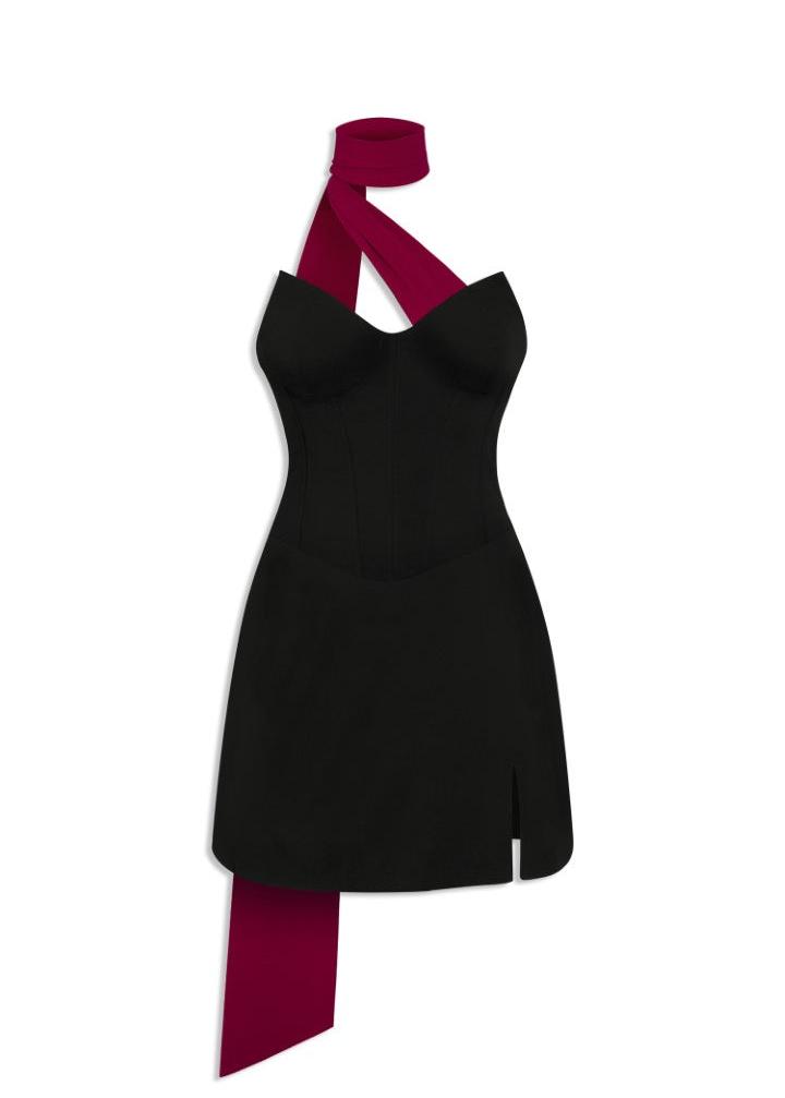 MACH NHA DUONG - Black Corset Mini Dress with Wine-Red Accent