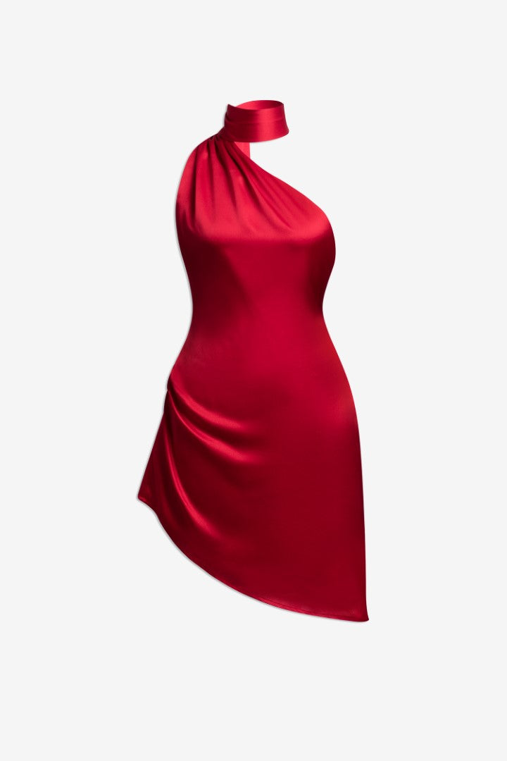 MACH NHA DUONG - Red Satin Silk Fancy Dress with Scarf Detail