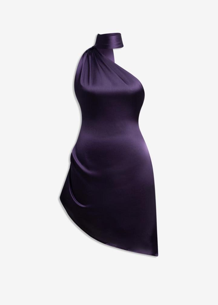 MACH NHA DUONG - Purple Satin Silk Fancy Dress with Scarf Detail