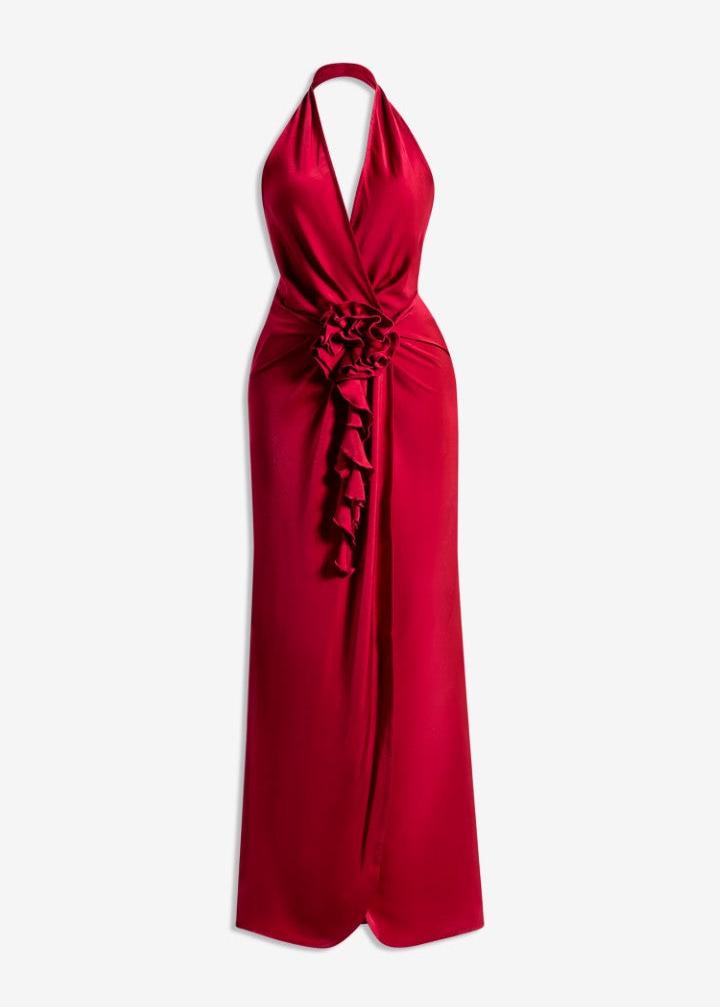 MACH NHA DUONG - Elegant Wine-Red High-Neck Silk Party Dress with Cutout Back