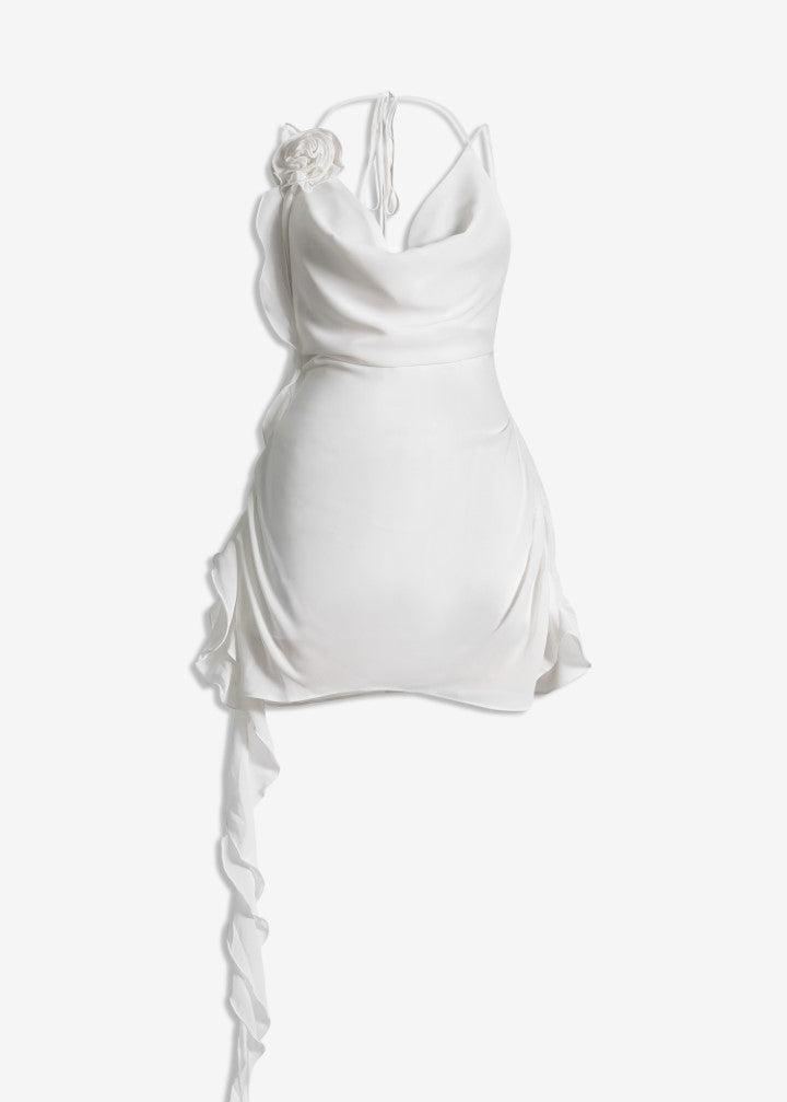 MACH NHA DUONG - White Rose Adorned Chiffon Silk Mini Dress with Ruffle Detail