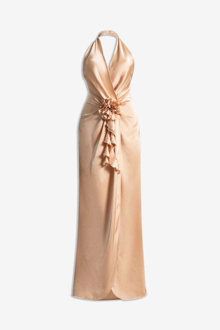 MACH NHA DUONG -  Elegant Champagne High-Neck Silk Party Dress with Cutout Back