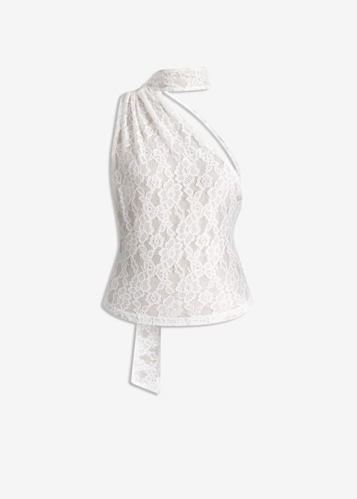 MACH NHA DUONG - White Asymmetrical Lace Halter Top