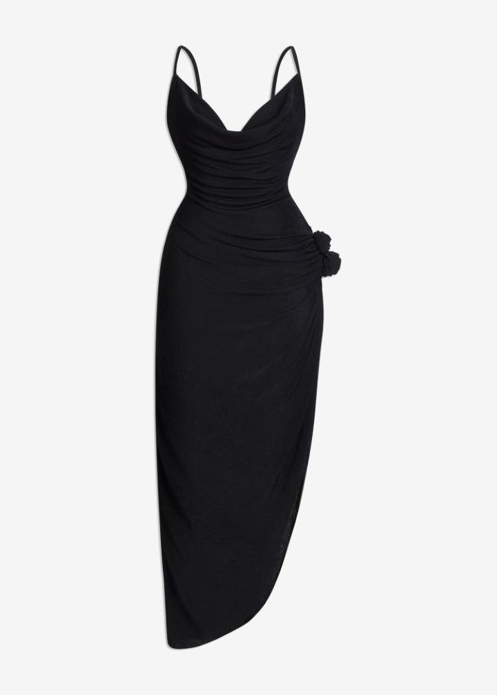 MACH NHA DUONG - Black Rose-Detail Asymmetrical Cutout Back Dress