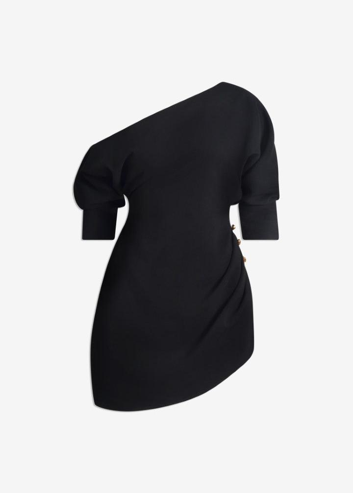 MACH NHA DUONG - Backless Off-Shoulder Dress with Batwing Sleeves In Black Cotton Silk