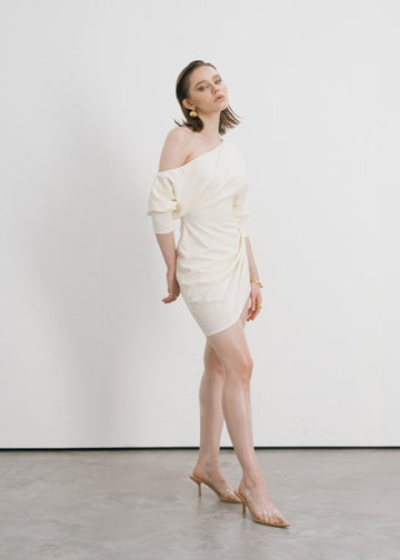 MACH NHA DUONG - Backless Off-Shoulder Dress with Batwing Sleeves In Cream Cotton Silk