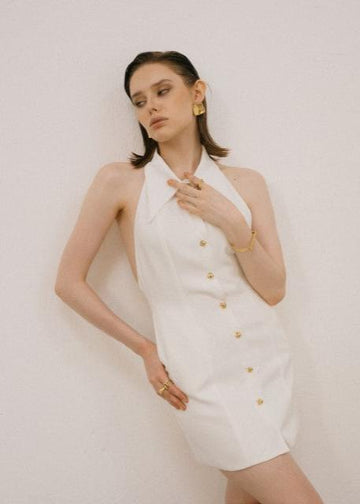 MACH NHA DUONG - Halter Neck Cotton Silk Dress with Gold Button Detail