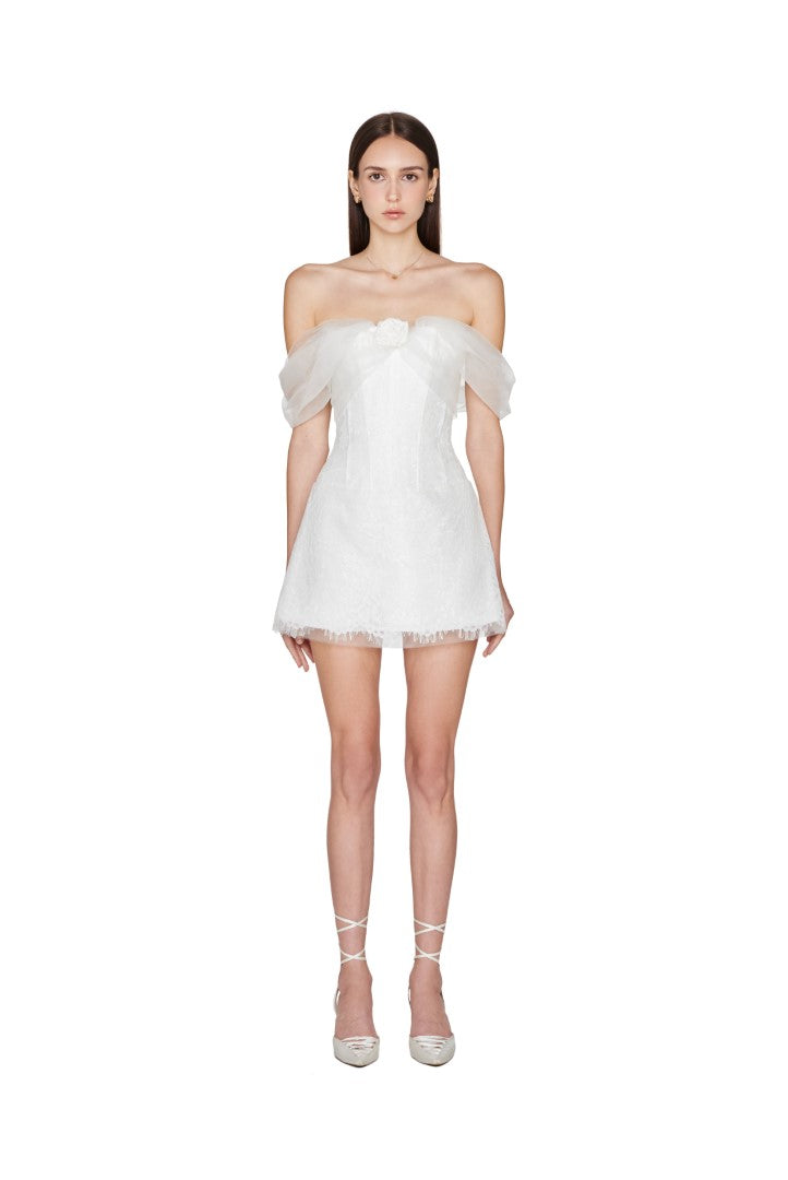 JUBIN - White Poppy Off-Shoulder Mini Dress