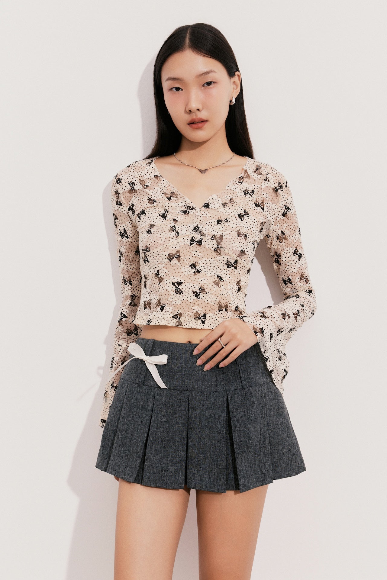 À Tous - Delicate Lace Butterfly Top - Long Sleeve Smocked Detail Blouse