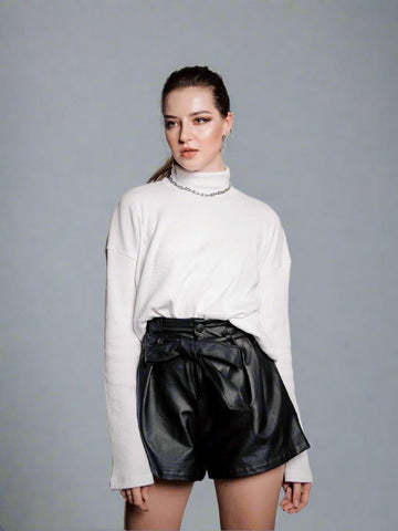 Làminapparel - Black Leather Paperbag Waist Shorts