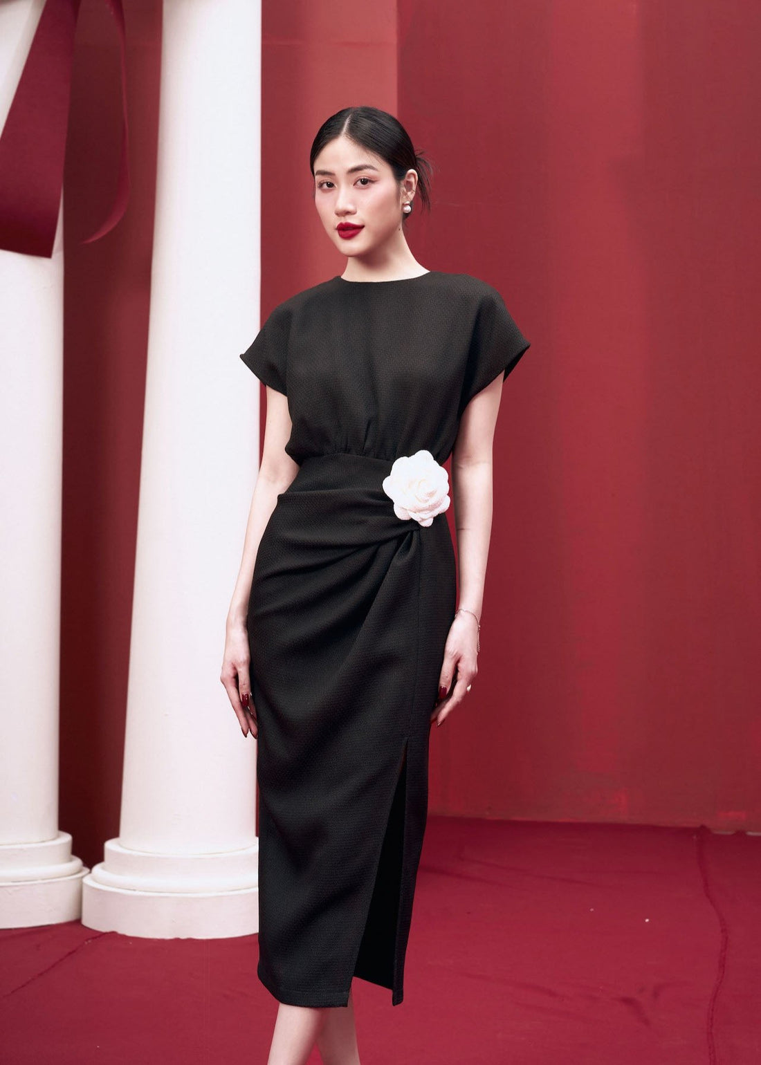 RẬP Vietnam - Black Midi Dress with Floral Waist Detail