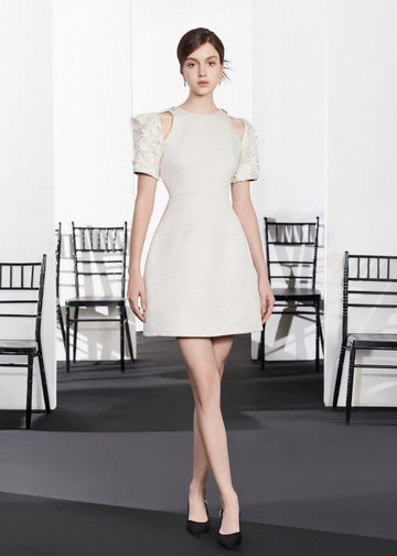 RẬP Vietnam - White Shoulder-Cutout Dress with Floral Embellished Sleeves