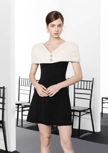 RẬP Vietnam - Black V-Neck Dress with White Embellished Shoulder