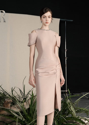 RẬP Vietnam - Pink Midi Dress with Embellished Neckline