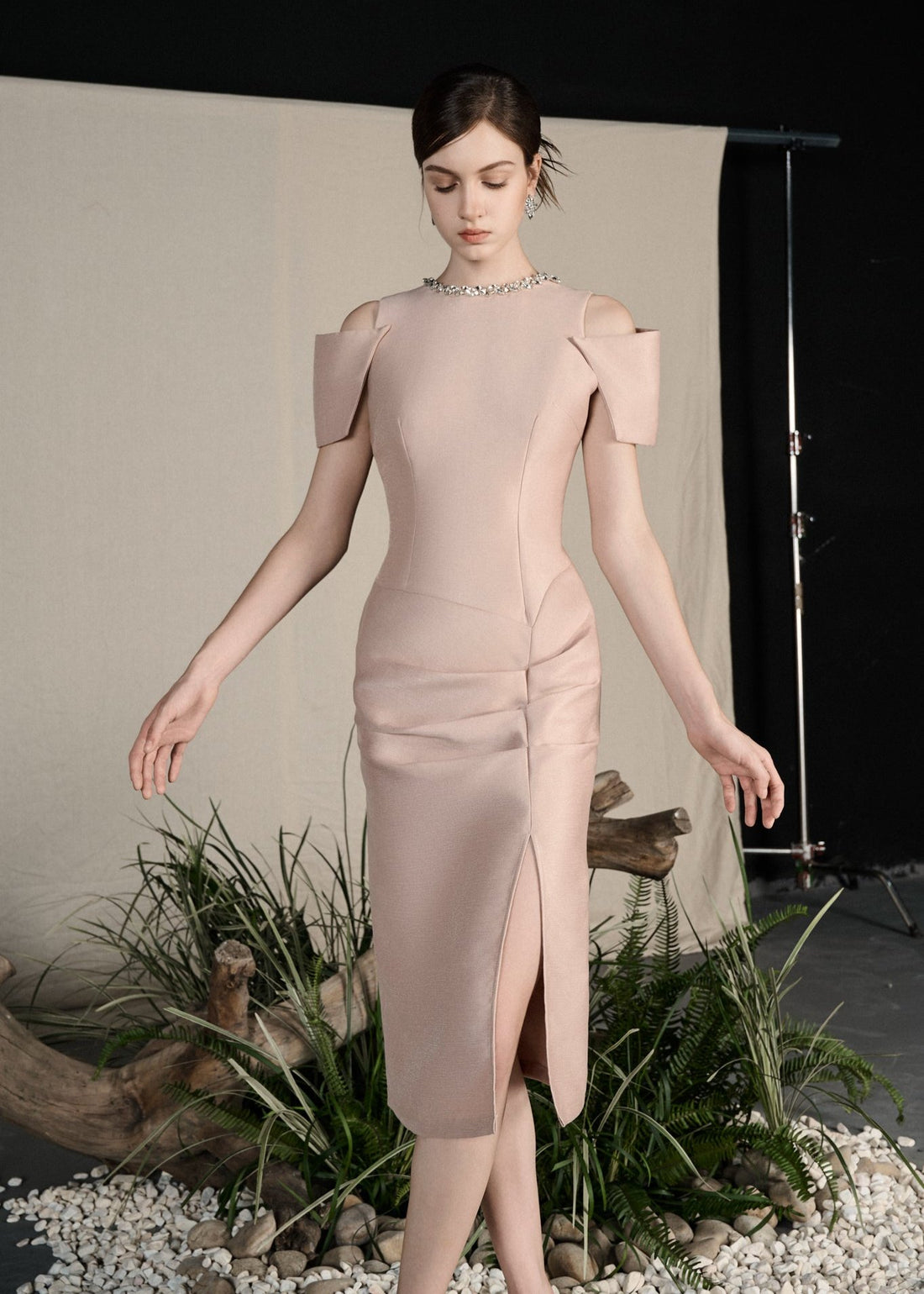 RẬP Vietnam - Pink Midi Dress with Embellished Neckline