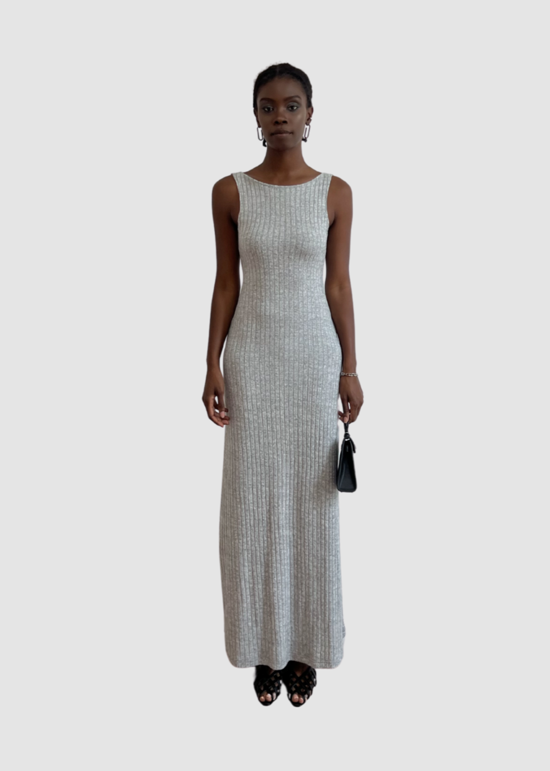 Làminapparel - Gray Low Back Strappy Ribbed Midi Dress