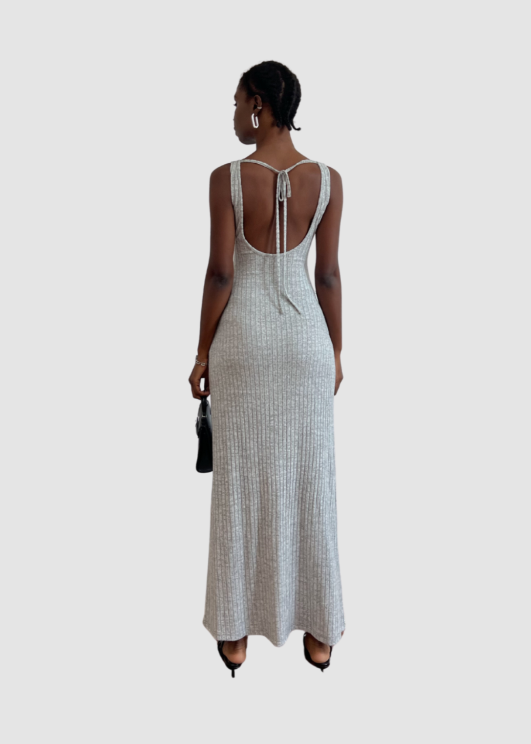 Làminapparel - Gray Low Back Strappy Ribbed Midi Dress