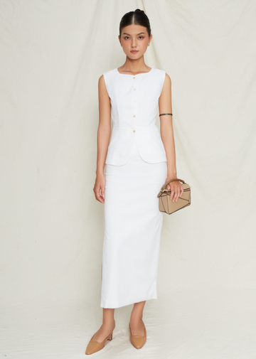 Fig & Tonka - White High-Waisted Linen Midi Skirt - Elegant Fitted Skirt