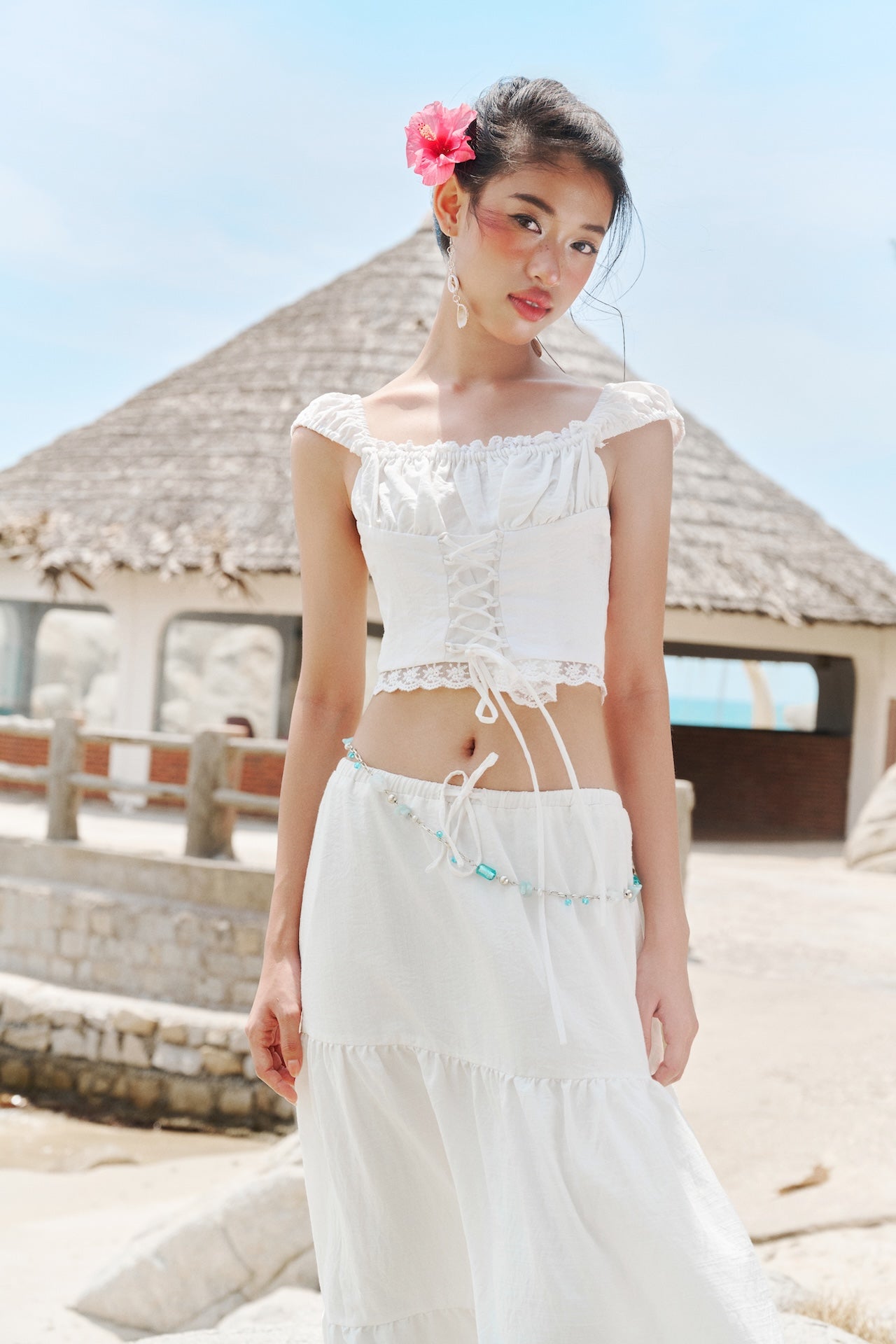 Dottie - White Off-Shoulder Lace-Up Crop Top