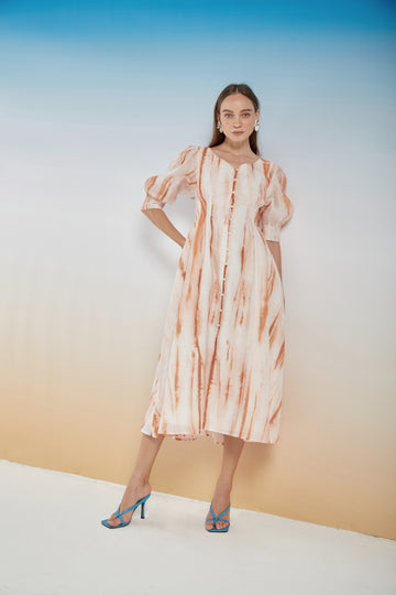 COCOSIN - Beige Tie-Dye Puff Sleeve Midi Dress