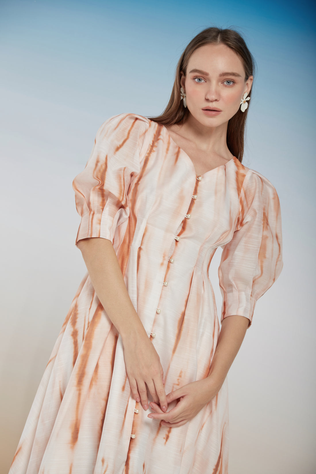 COCOSIN - Beige Tie-Dye Puff Sleeve Midi Dress