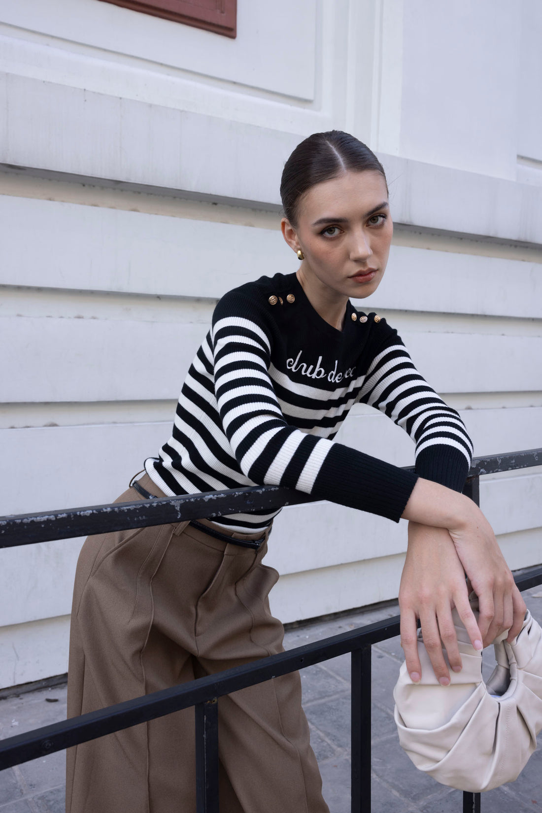 COCOSIN - Black and White Striped Club de Coco Sweater - Long Sleeve Button Detail Knit Top