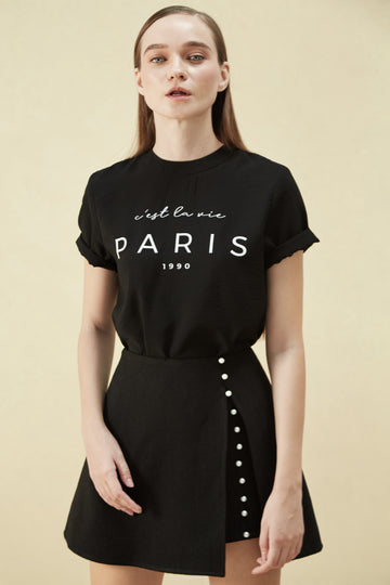 COCOSIN - Black Graphic Print T-Shirt - Paris 'C'est La Vie' Slogan Tee