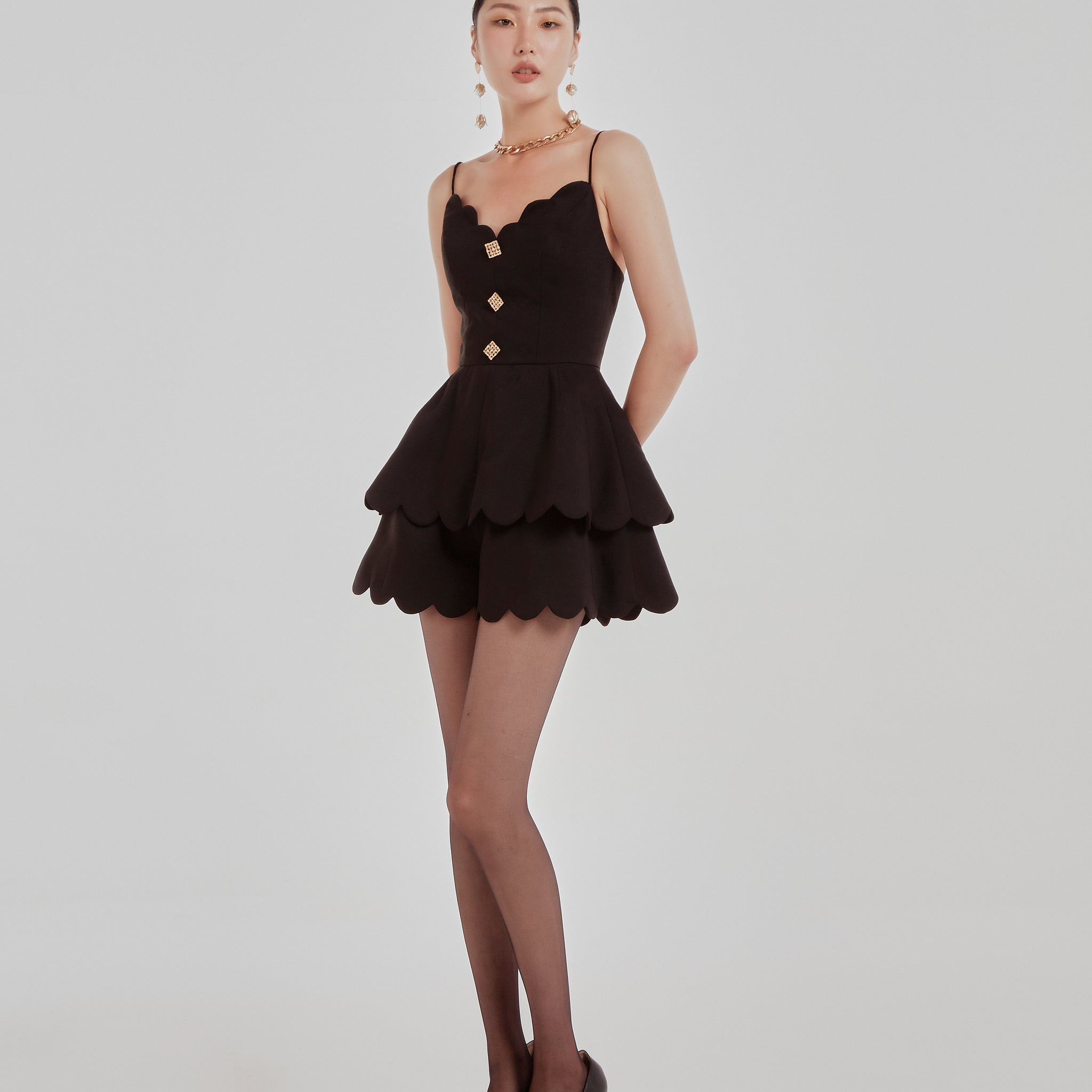 COCOSIN - Black Scalloped Hem Spaghetti Strap Mini Dress