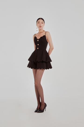 COCOSIN - Black Scalloped Hem Spaghetti Strap Mini Dress