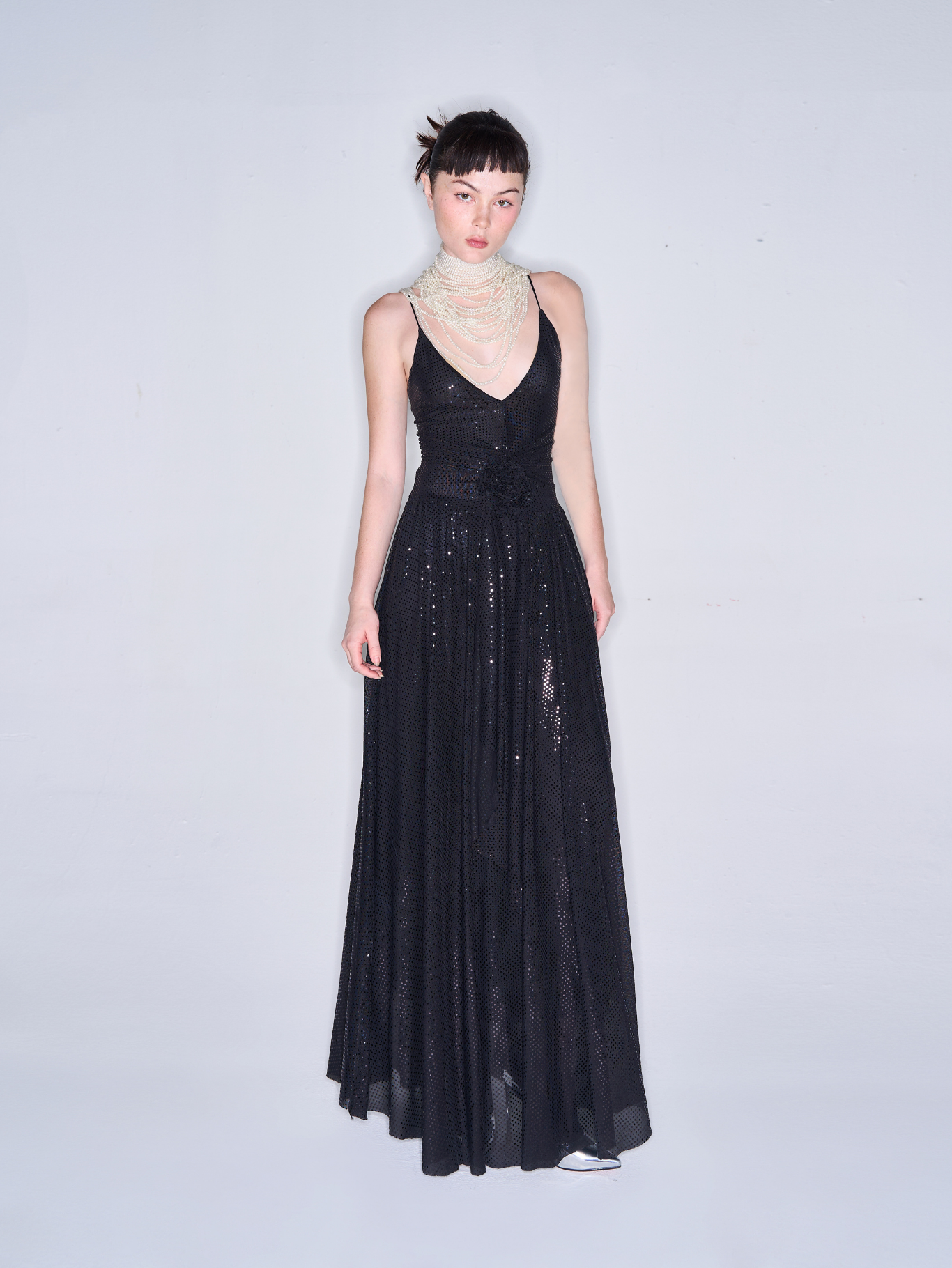 COCOSIN - Black Sequin V-Neck Maxi Dress