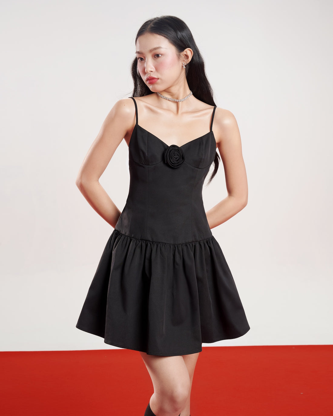 Dottie - Black Spaghetti Strap Dress with Floral Detail