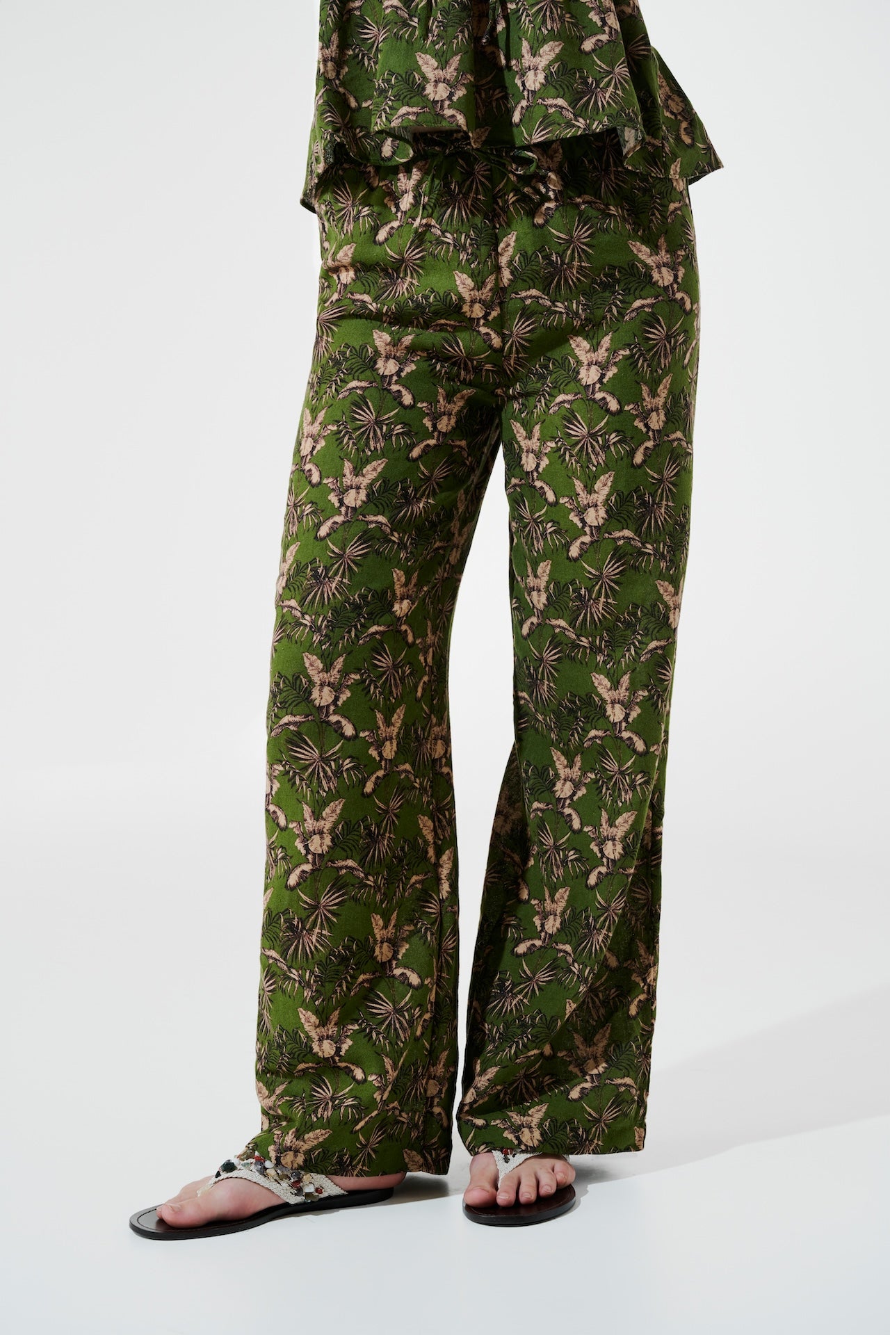 Dottie - Green Floral Linen Wide-Leg Pants