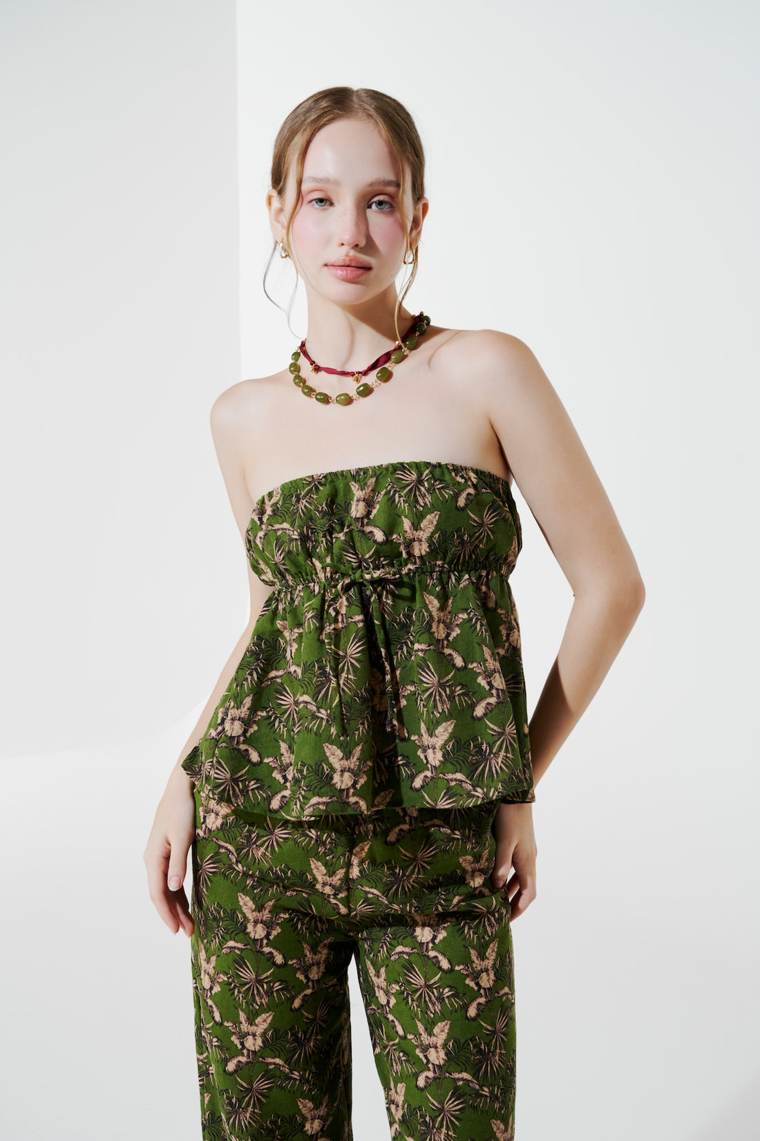 Dottie - Green Floral Strapless Linen Top