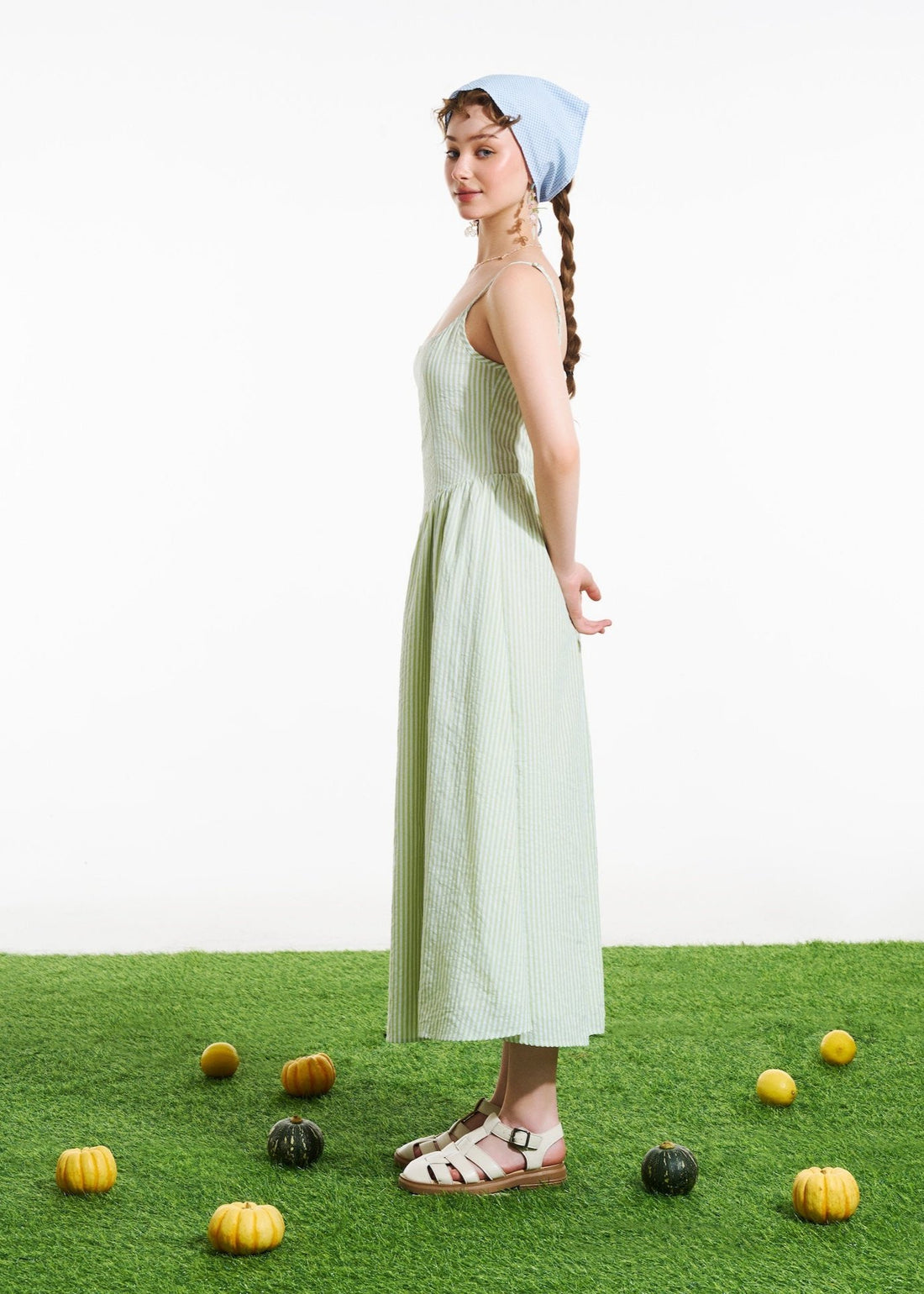 Dottie - Green Striped Linen Maxi Dress with Open Back