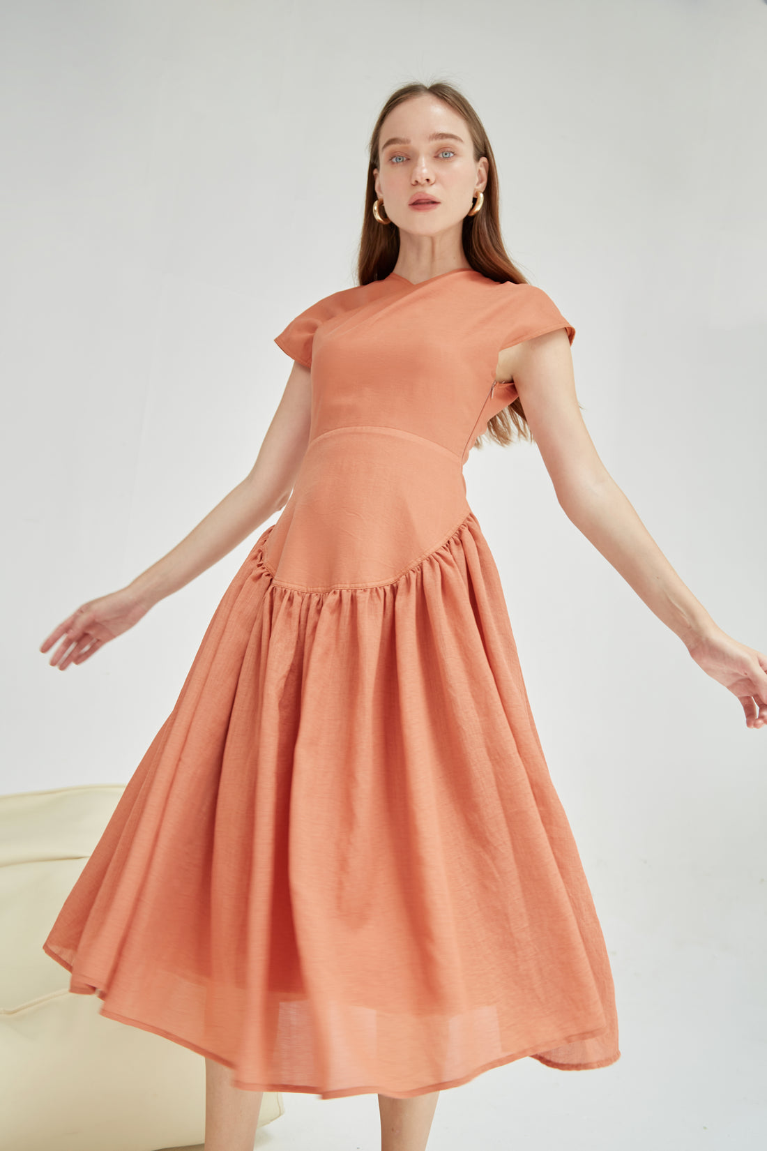 COCOSIN - Orange Cap Sleeve Gathered Midi Dress