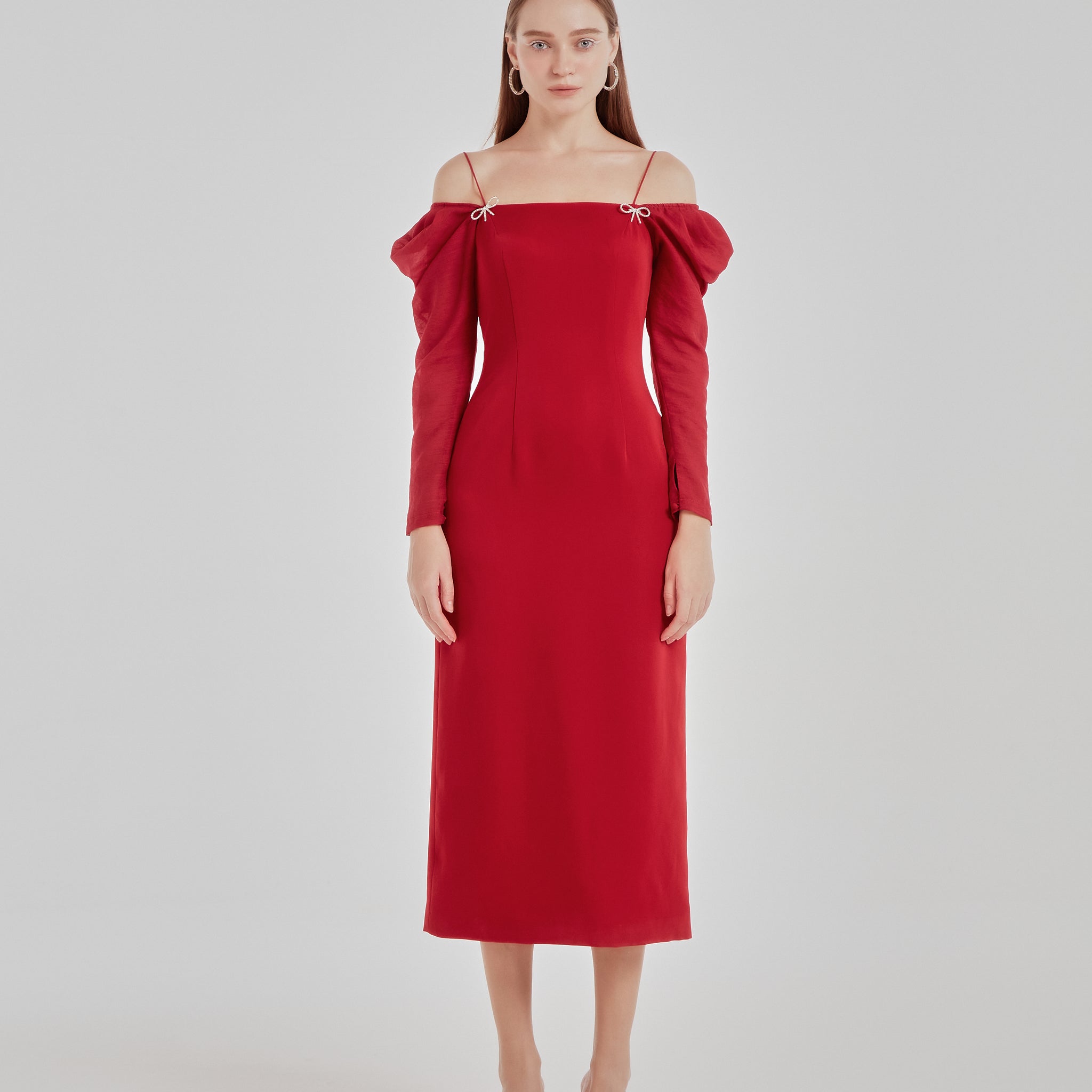 COCOSIN - Red Off-Shoulder Puff Sleeve Midi Dress