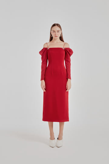 COCOSIN - Red Off-Shoulder Puff Sleeve Midi Dress