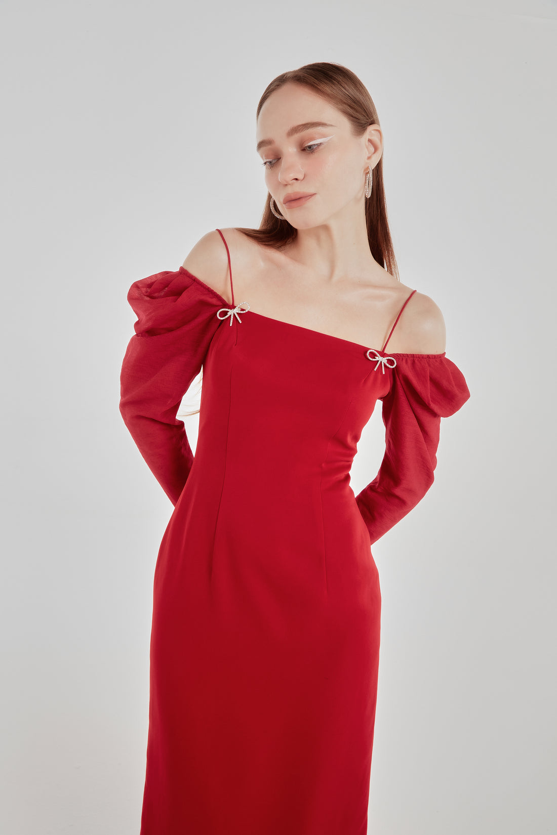 COCOSIN - Red Off-Shoulder Puff Sleeve Midi Dress