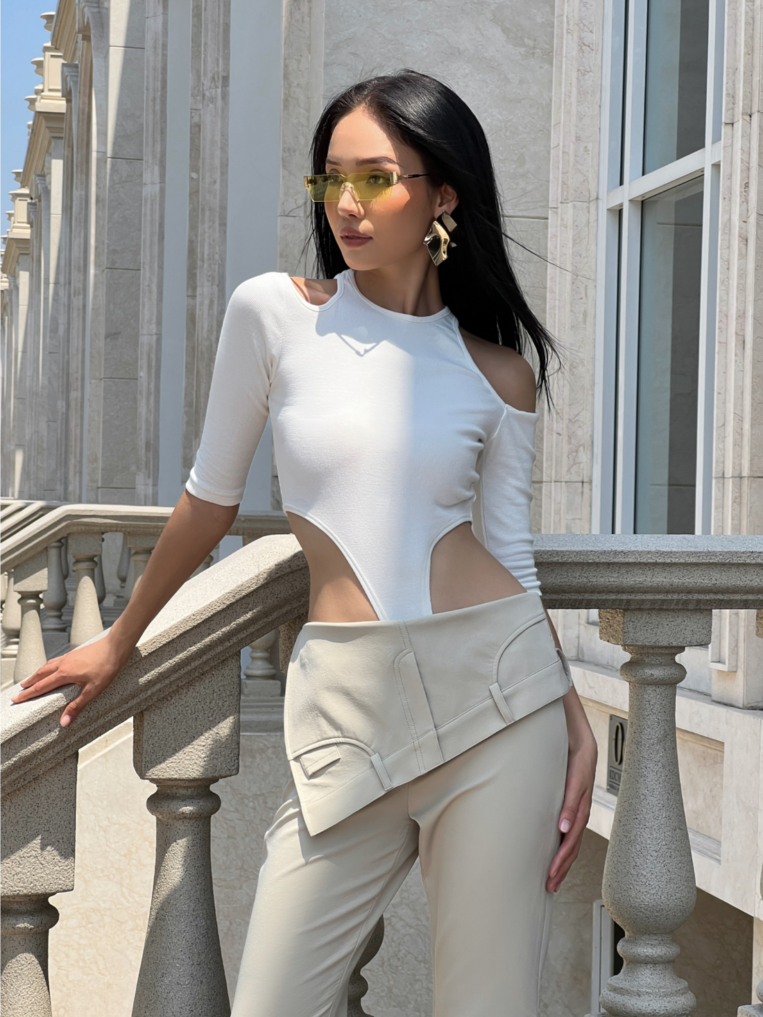 COCOSIN - White Cut-Out Asymmetric Bodysuit - Long Sleeve Edgy Fashion Top